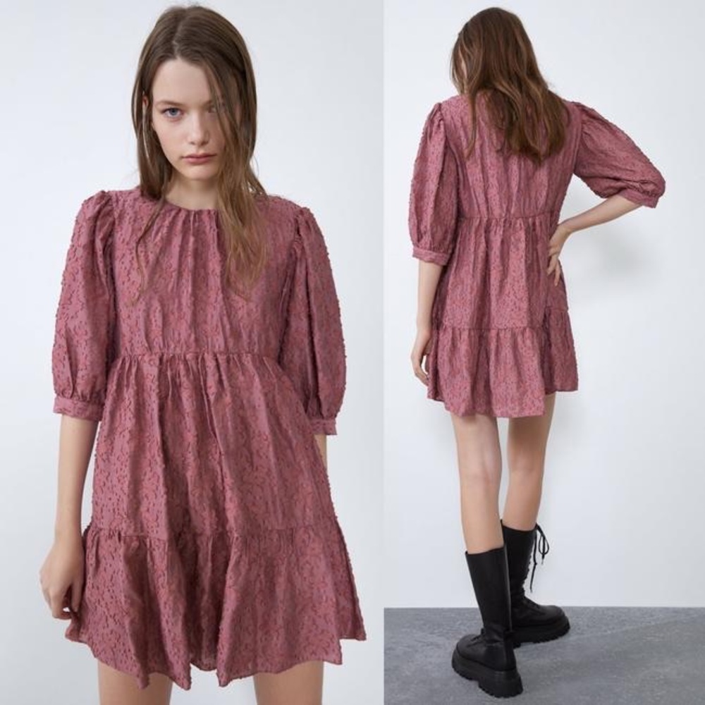 ZARA |  Pink W Bulky textured fabric with pockets and balloon sleeves